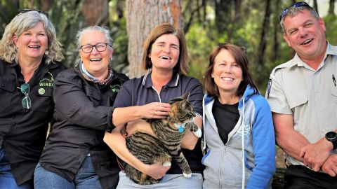 Four women and a man in a row in forest with middle woman holding cat