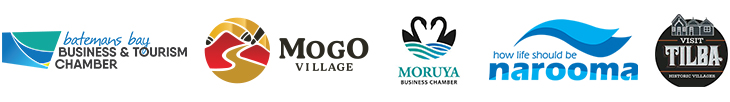 Logos of the Batemans Bay, Mogo Village, Moruya, Narooma, and Tilba business chambers