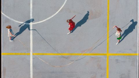 Artwork by Jo White showing aerial view of three children skipping rope.