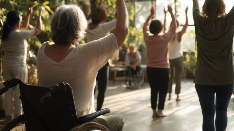 A woman in a wheelchair taking part in a yoga class.