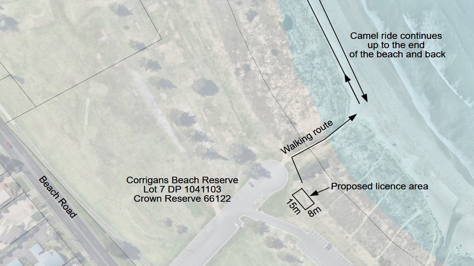 Aerial diagram of proposed licence area for camel beach rides at Corrigans Beach Reserve.
