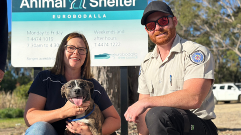 A woman holding a puppy next to a man