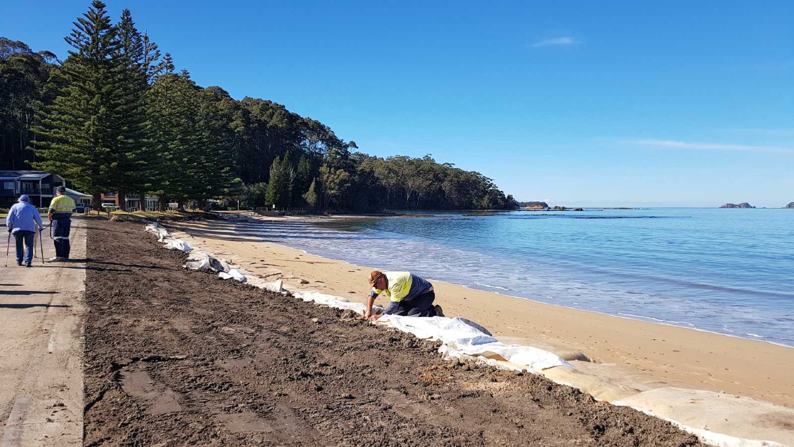 Image A worker tidying up the edge of sandbags on the beach providing a barrier to the soil next to a road.