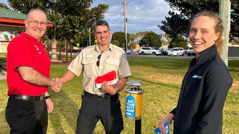 Coles Supermarket regional manager John Appleby with ranger Rory Hogan and Council's sustainability officer Mimosa Henderson