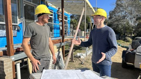 Mayor Mathew Hatcher with builder Aaron Monopoli in Moruya.