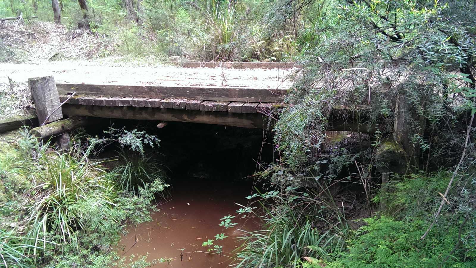 A small timber bridge crossing a creek in a bush setting.