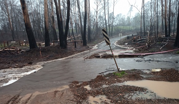 Image Flood waters cover the burnt remains of the bridge