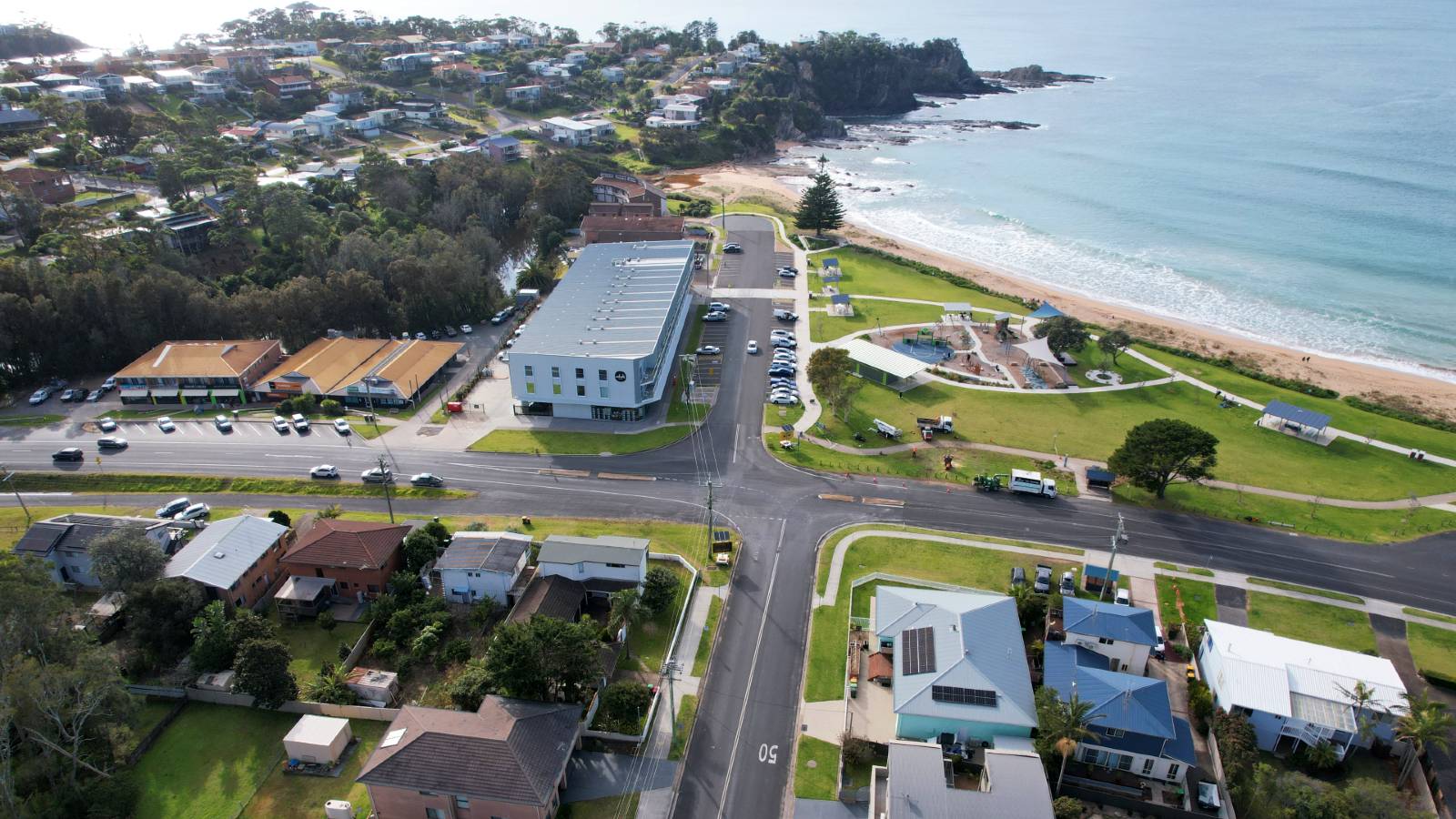 Image An aerial image shows a crossroad intersection near the coast