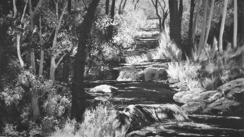 black and white painting of stream in forest