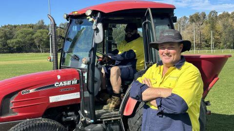 Council staff Tony Norris and Jack Drew at one of Eurobodalla's sportsfields