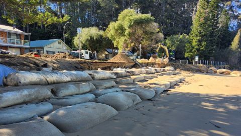 Sandbags along the shoreline of a beach
