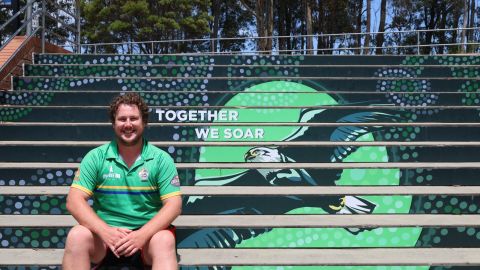 Adam Carey at Kyla Park Oval's seating area.