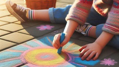 Child drawing colourful chalk art on pavement with pastel chalks.