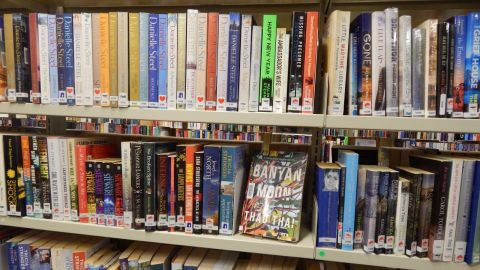 Books on a shelf in a library.