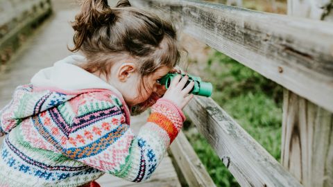 Young girl holding binoculars to her eyes, peering through bridge railings at something below.