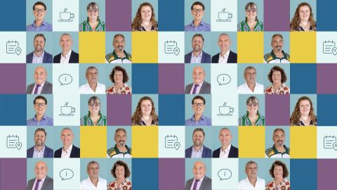 multiple headshots of people with a teal background