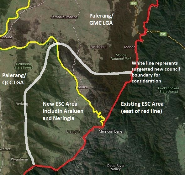 Figure 2. The proposed new boundary alignment in white, which includes the Araluen and Neringla areas amalgamated into the Eurobodalla Shire LGA