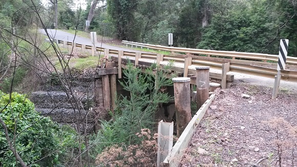 Image A tall timber bridge straddles a green gully