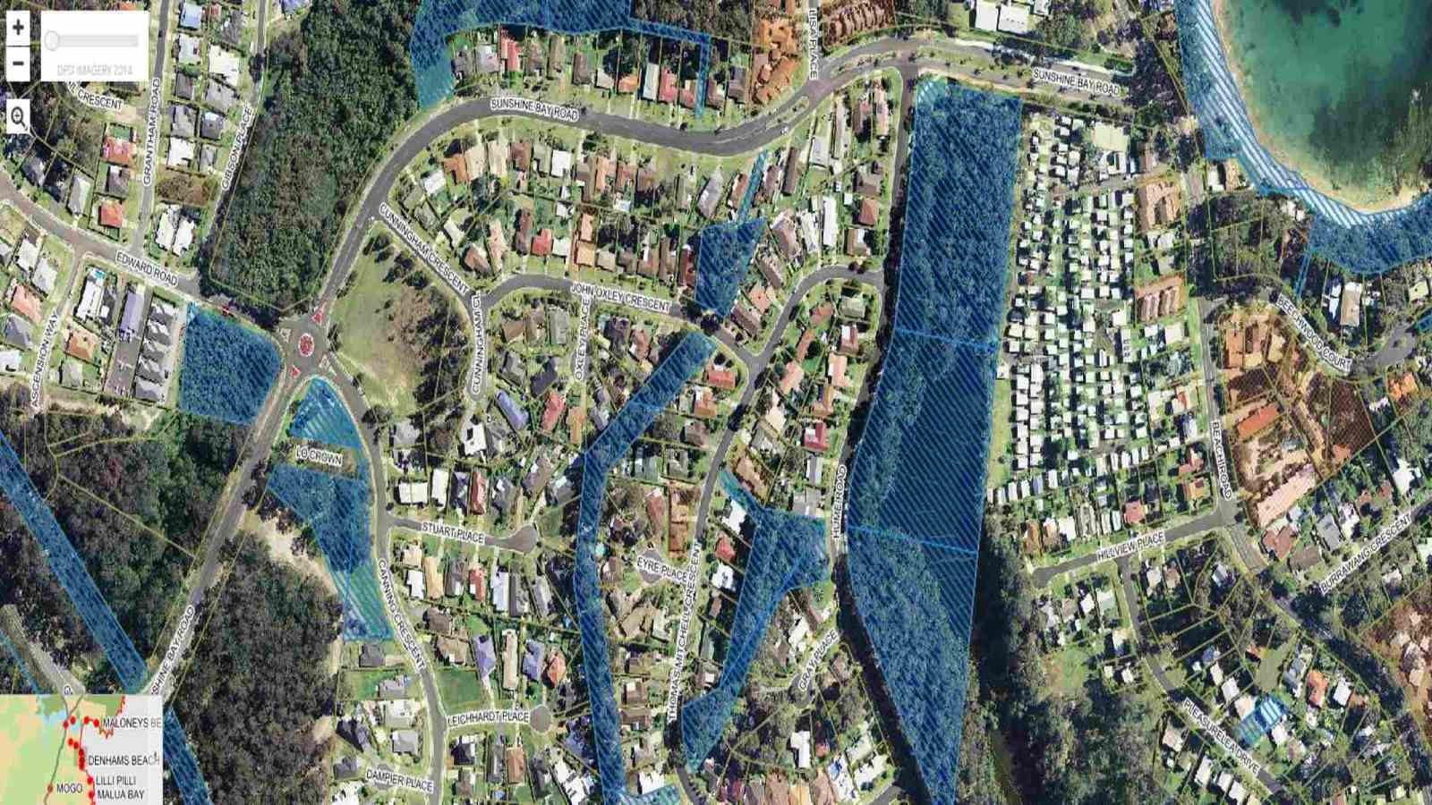 A screen shot of the GIS mapping tool centered on Sunshine Bay within Eurobodalla Shire, New South Wales banner image