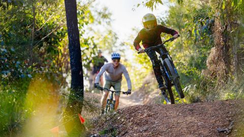 Three mountain bike riders riding down a trail.