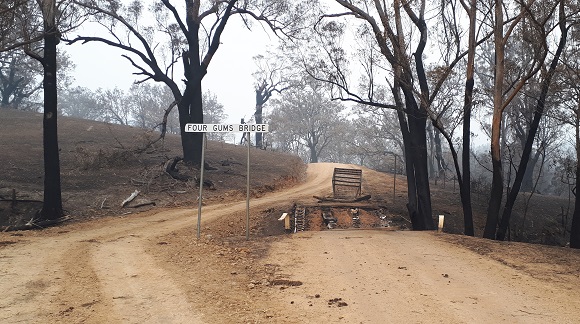 Image A dirt side track winds around the side of the burnt out bridge