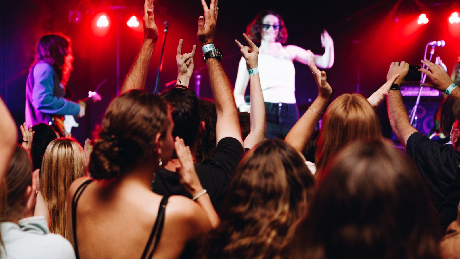 Overhead photograph of a live concert with members of the crowds hands in the air. banner image