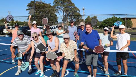 Pickleball players at Moruya tennis court.
