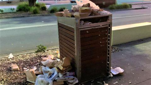 Garbage bin surrounded by overflowing trash with river in background