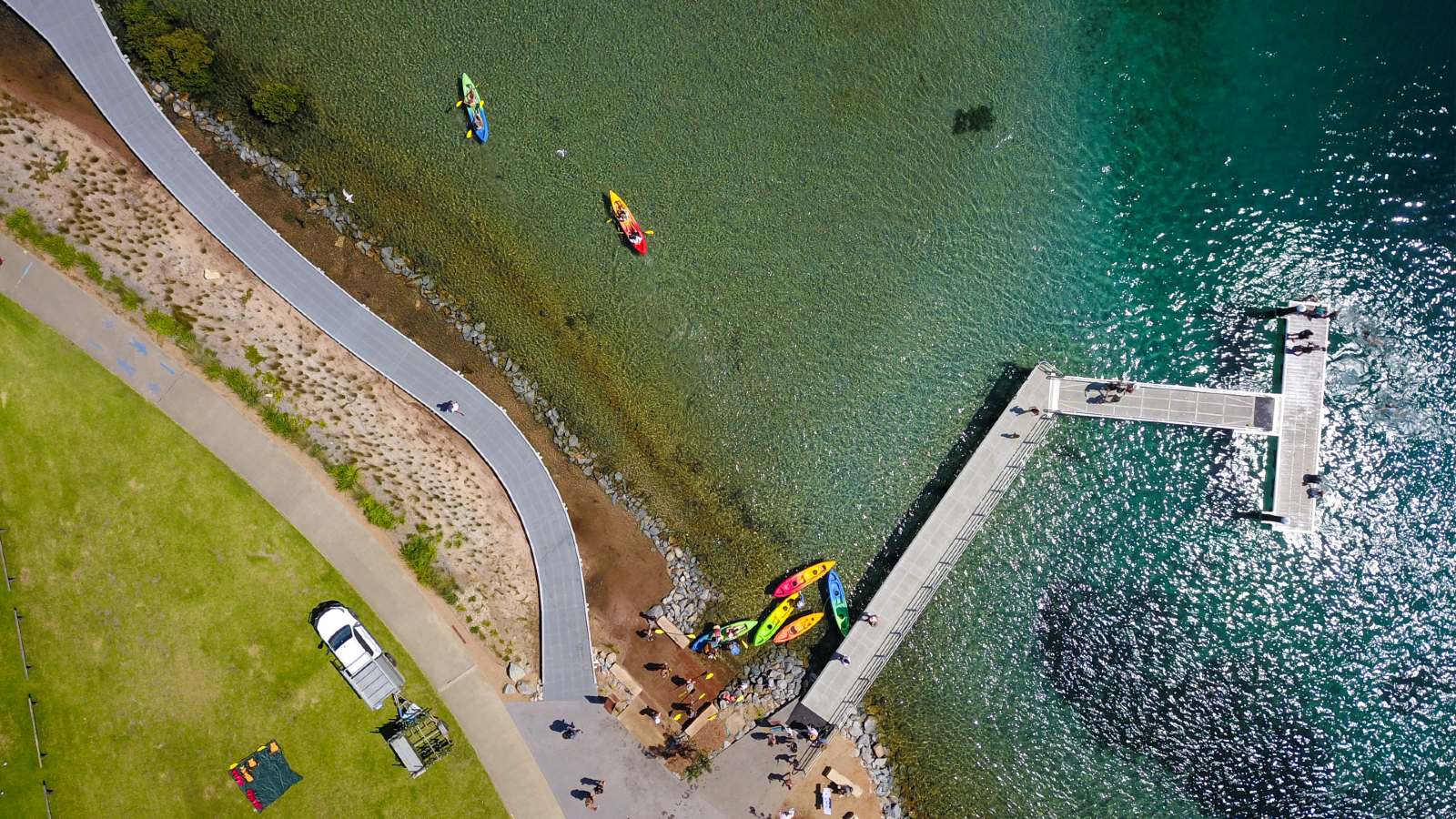 Image Wagonga Inlet Living Shoreline aerial view of walkway over water