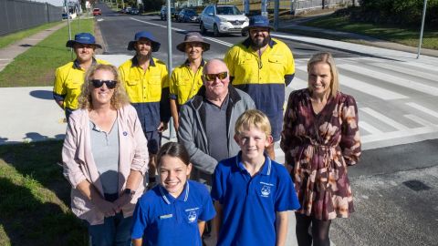 a group of people at a pedestrian crossing