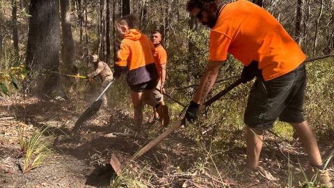 people holding rakes and hoes in the bush