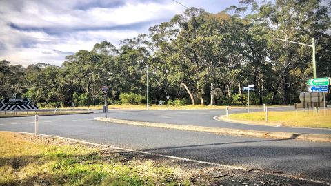 Road intersection with road signs and bush in background