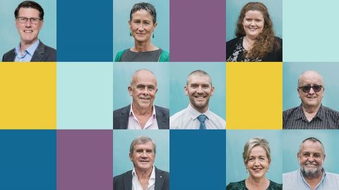 Brady bunch style image of nine men and women