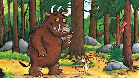 Cartoon drawing of mouse and monster walking in forest