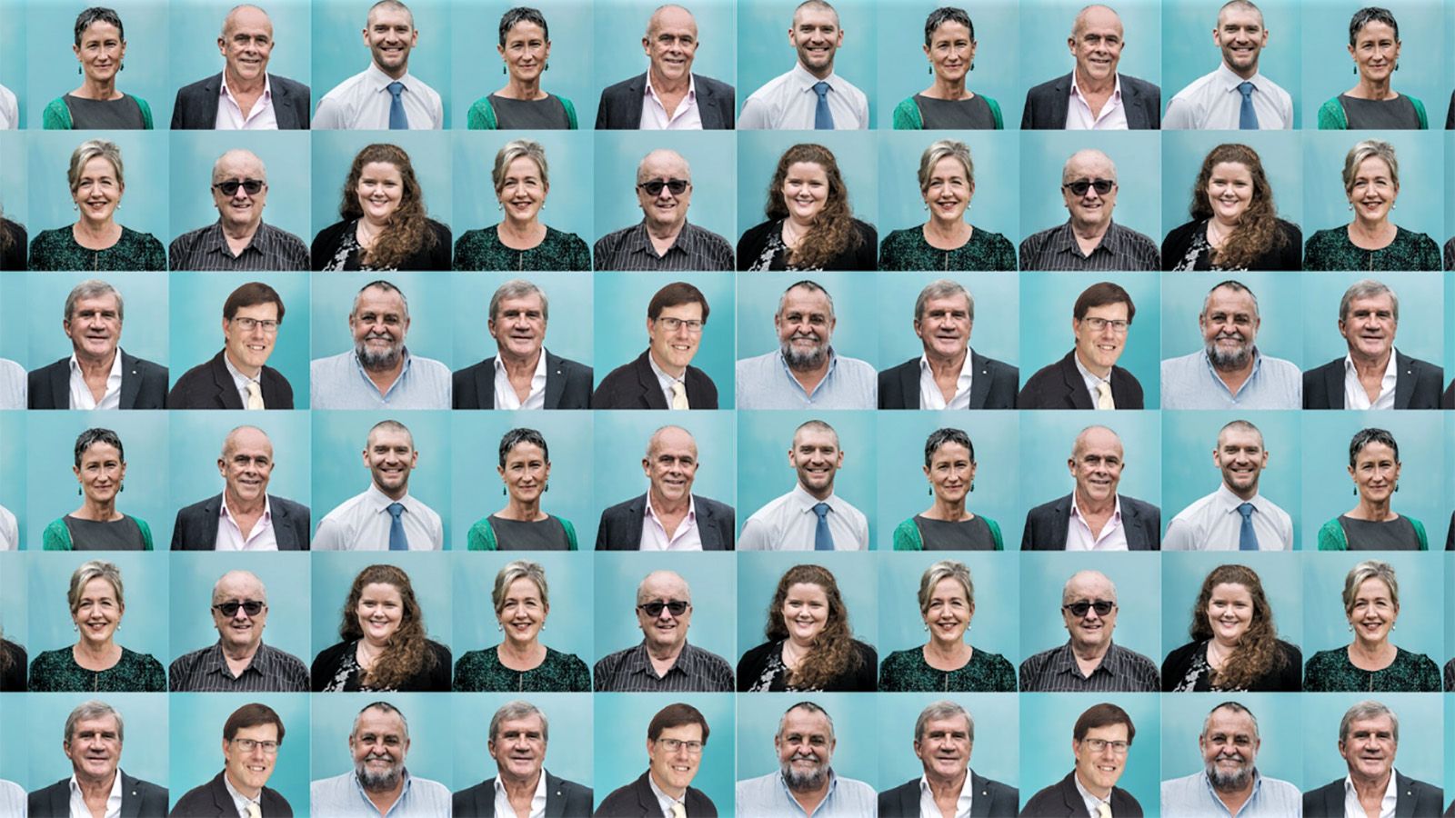 Photographs of Eurobodalla Councillors repeated in a square grid pattern banner image