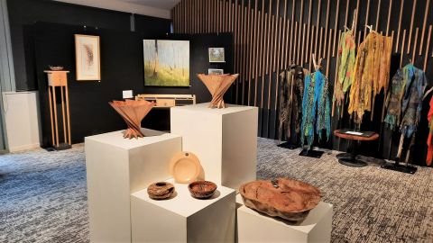 paintings, ceramics and clothes in an art gallery