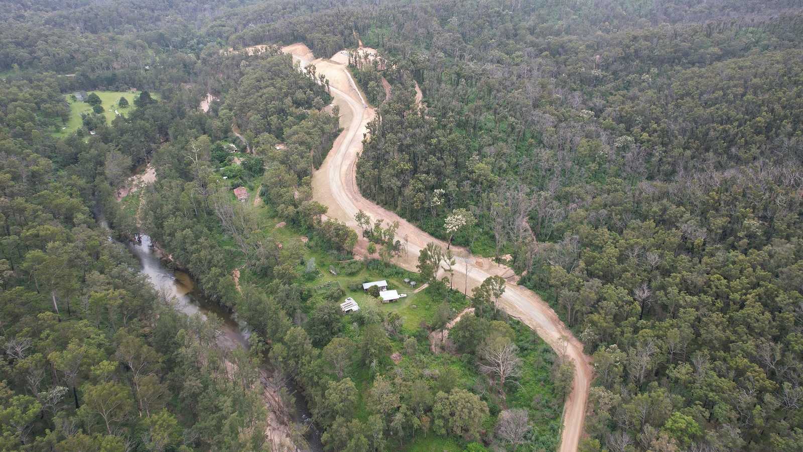 A new dirt road winds its way through dense forest