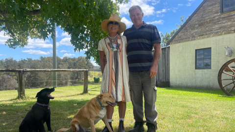 Man and woman standing with two dogs on grass